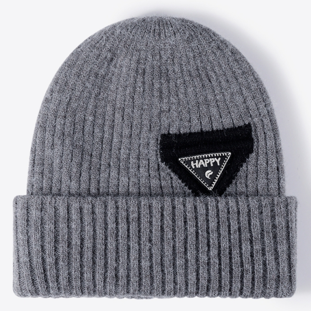 HAPPY Beanie Color Contrast Hat Ribbed Knit Minimalist Warm Toboggan Skull Cap